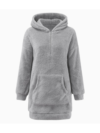 Ženski hoodie s kapuljom i zipom, opuštena silueta, srednja duljina, jednobojna, poliester, džepovi s plišem