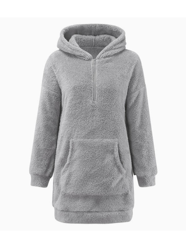 Ženski hoodie s kapuljom i zipom, opuštena silueta, srednja duljina, jednobojna, poliester, džepovi s plišem