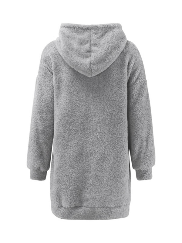 Ženski hoodie s kapuljom i zipom, opuštena silueta, srednja duljina, jednobojna, poliester, džepovi s plišem