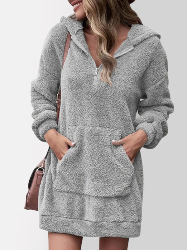Ženski hoodie s kapuljom i zipom, opuštena silueta, srednja duljina, jednobojna, poliester, džepovi s plišem