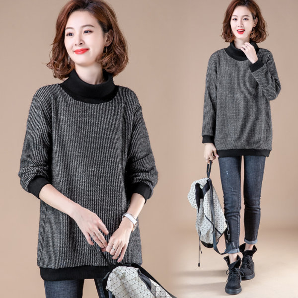 Pulover cu fleece pe interior, mărime plus, guler semi-turtleneck, model floral, croială lejeră