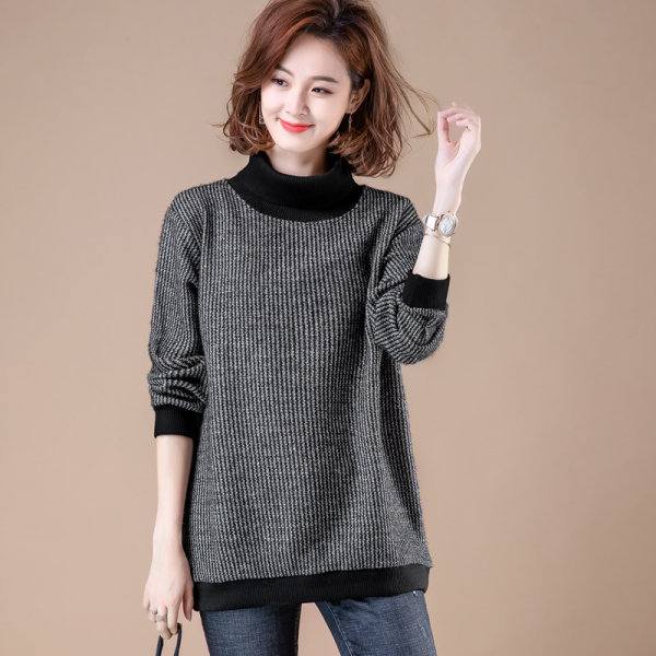 Pulover cu fleece pe interior, mărime plus, guler semi-turtleneck, model floral, croială lejeră