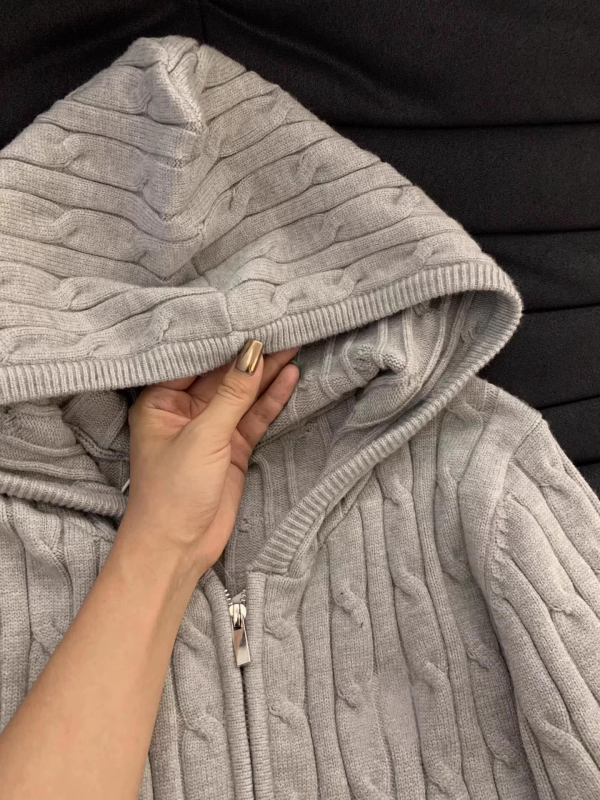 Korejski stil siva pleteni kardigan sa zipom i kabelskim uzorkom, uski kroj, za proljeće i jesen.