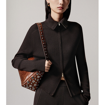 Cardigan tricotat din lână de miel, fermoar cu dublu sens, guler polo, model solid, toamnă 2025