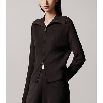 Cardigan tricotat din lână de miel, fermoar cu dublu sens, guler polo, model solid, toamnă 2025