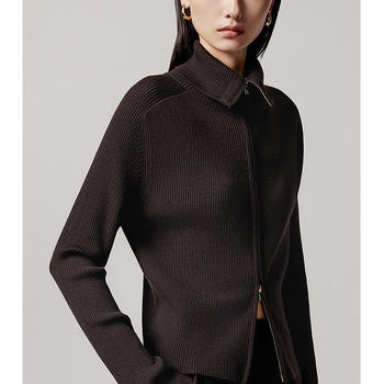 Cardigan tricotat din lână de miel, fermoar cu dublu sens, guler polo, model solid, toamnă 2025