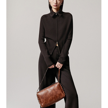 Cardigan tricotat din lână de miel, fermoar cu dublu sens, guler polo, model solid, toamnă 2025