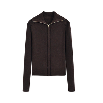 Cardigan tricotat din lână de miel, fermoar cu dublu sens, guler polo, model solid, toamnă 2025