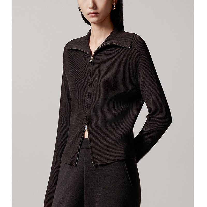 Cardigan tricotat din lână de miel, fermoar cu dublu sens, guler polo, model solid, toamnă 2025