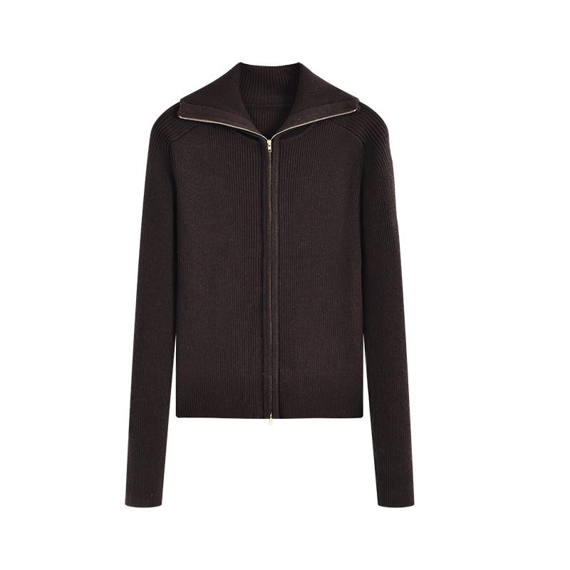 Cardigan tricotat din lână de miel, fermoar cu dublu sens, guler polo, model solid, toamnă 2025