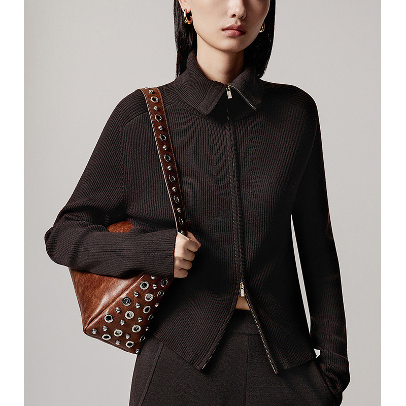 Cardigan tricotat din lână de miel, fermoar cu dublu sens, guler polo, model solid, toamnă 2025