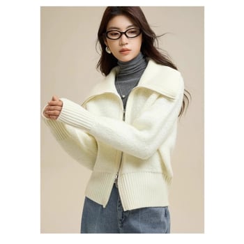 Cardigan tricotat din 100% lână de oaie, textură Loop Yarn, fermoar, guler tip lapel, stil elegant pentru birou