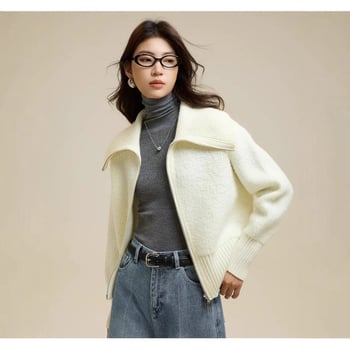 Cardigan tricotat din 100% lână de oaie, textură Loop Yarn, fermoar, guler tip lapel, stil elegant pentru birou