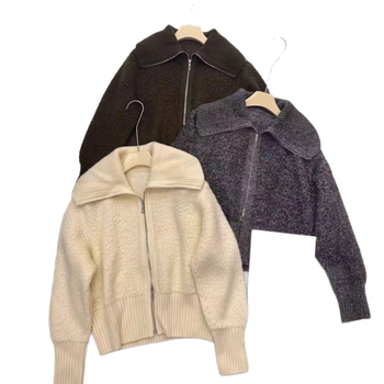 Cardigan tricotat din 100% lână de oaie, textură Loop Yarn, fermoar, guler tip lapel, stil elegant pentru birou