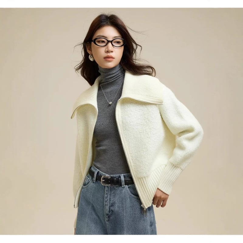 Cardigan tricotat din 100% lână de oaie, textură Loop Yarn, fermoar, guler tip lapel, stil elegant pentru birou