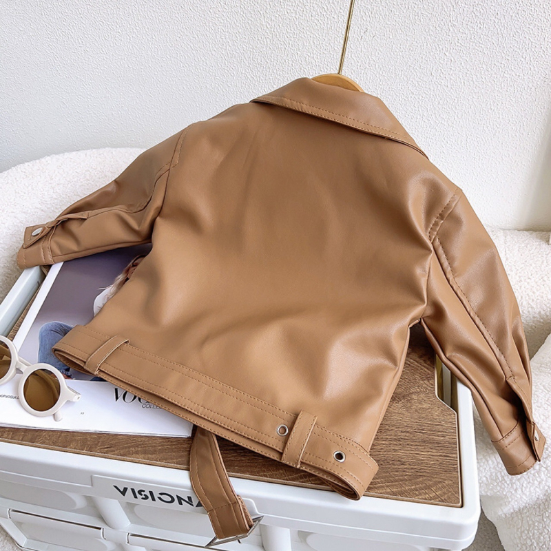 Korejas stilā bērnu ādas jaka ar apkakli, rāvējslēdzēju, noņemamu jostu, īsu garumu, rudens 2023