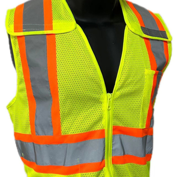 Reflektív biztonsági mellény, ANSI Class 2, hálószövet, többzseb kialakítás, amerikai-kanadai stílus.