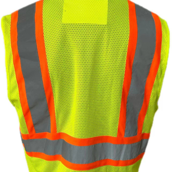 Reflektív biztonsági mellény, ANSI Class 2, hálószövet, többzseb kialakítás, amerikai-kanadai stílus.
