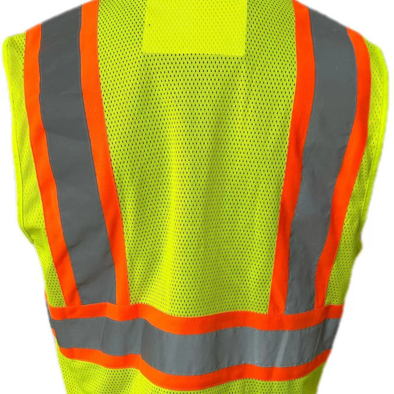 Reflektív biztonsági mellény, ANSI Class 2, hálószövet, többzseb kialakítás, amerikai-kanadai stílus.
