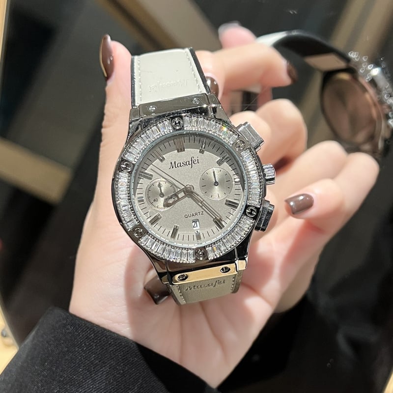 Ženski sat u luksuznom stilu s velikim brojčanikom i kalendarom, kvarcni pokret (Chenlong SL28), promjer brojčanika 38 mm, vodootpornost 30M, kožni remen