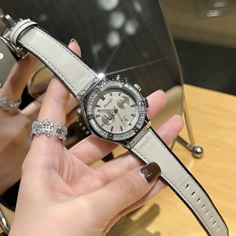 Ženski sat u luksuznom stilu s velikim brojčanikom i kalendarom, kvarcni pokret (Chenlong SL28), promjer brojčanika 38 mm, vodootpornost 30M, kožni remen