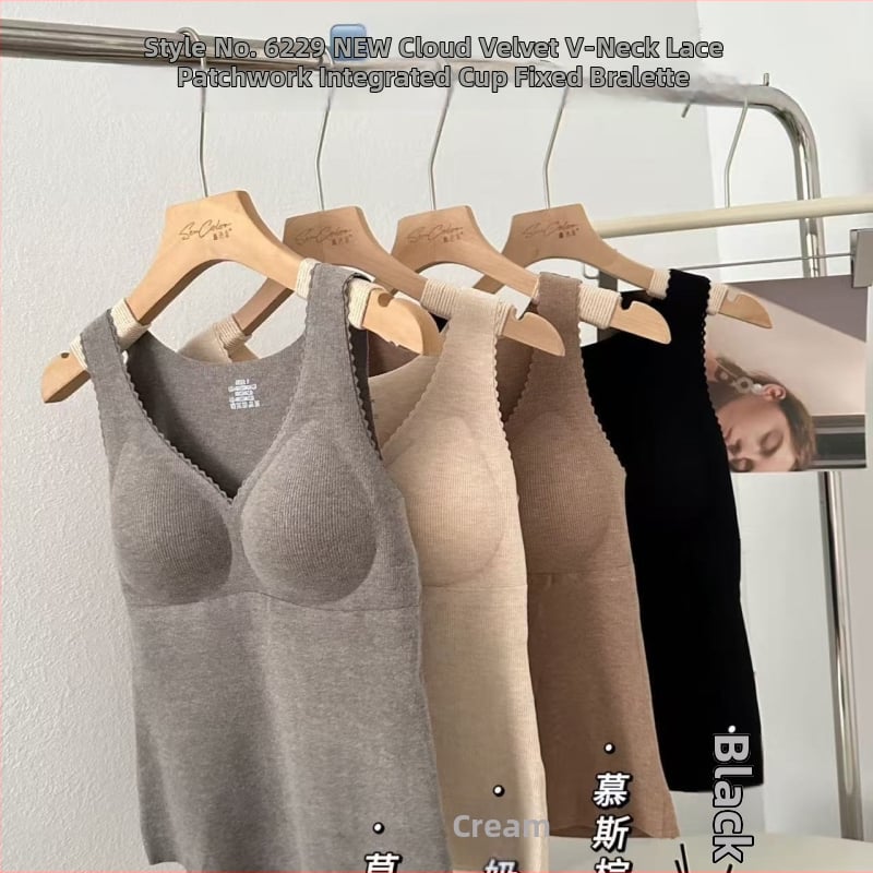 Demiri terminė liemenė su integruota puodelio dalimi, V kaklo iškirptė, velūrinė nėriniai patchwork, mišri medžiaga, 181–200 g/m²