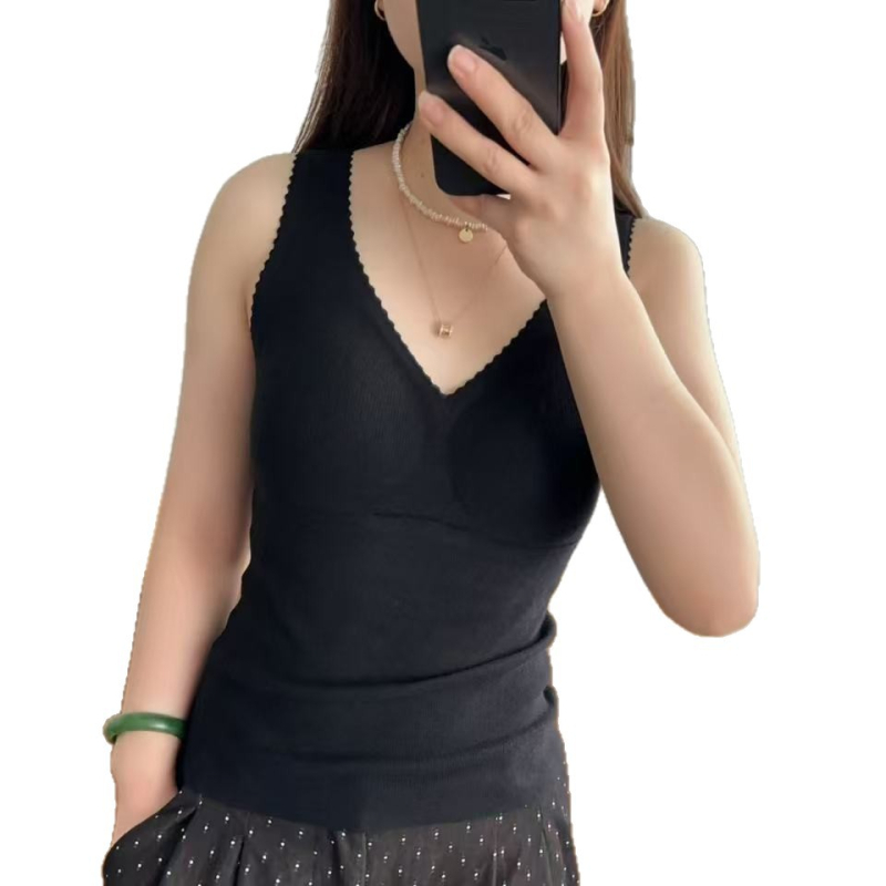 Demiri terminė liemenė su integruota puodelio dalimi, V kaklo iškirptė, velūrinė nėriniai patchwork, mišri medžiaga, 181–200 g/m²