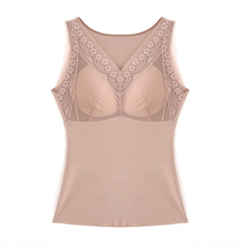 Nailoninė nėrinių termo liemenė su integruotais krūties pagalvėlėmis, dvipusiai šukuota audinys, V formos kaklas, galima dėvėti virš drabužių