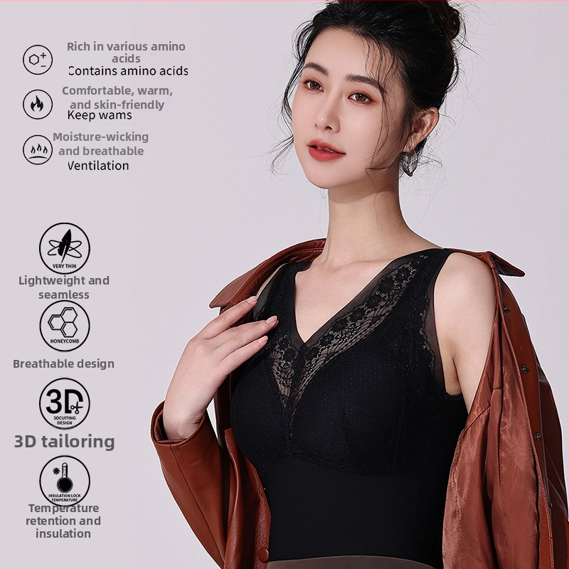 Nailoninė nėrinių termo liemenė su integruotais krūties pagalvėlėmis, dvipusiai šukuota audinys, V formos kaklas, galima dėvėti virš drabužių