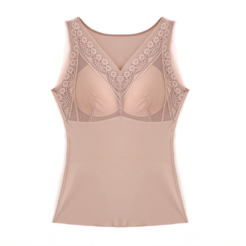 Nailoninė nėrinių termo liemenė su integruotais krūties pagalvėlėmis, dvipusiai šukuota audinys, V formos kaklas, galima dėvėti virš drabužių