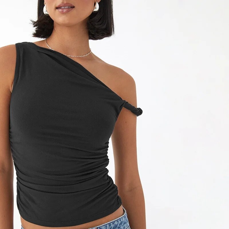 Ženski top s jednim ramom, plisirani, slim fit, ultra kratka duljina, ultra tanke naramice, jednofarbni uzorak
