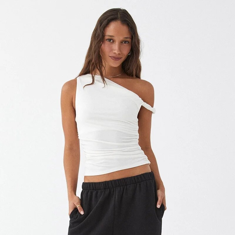 Ženski top s jednim ramom, plisirani, slim fit, ultra kratka duljina, ultra tanke naramice, jednofarbni uzorak