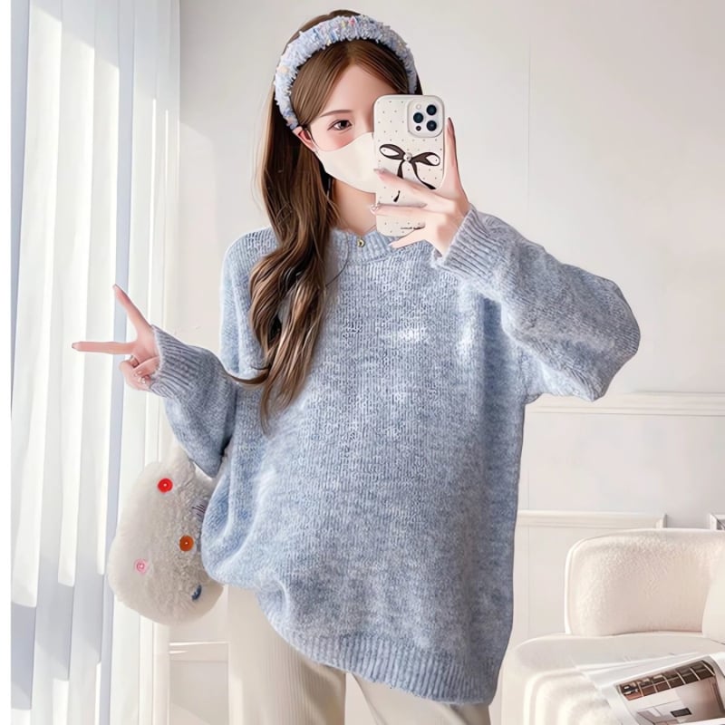 Nėščiųjų megztinis viršutinis – TR audinys, PVC ≤30%, apvali kaklo linija, princesės rankovės, įprastas kirpimas, elegantiškas retro stilius