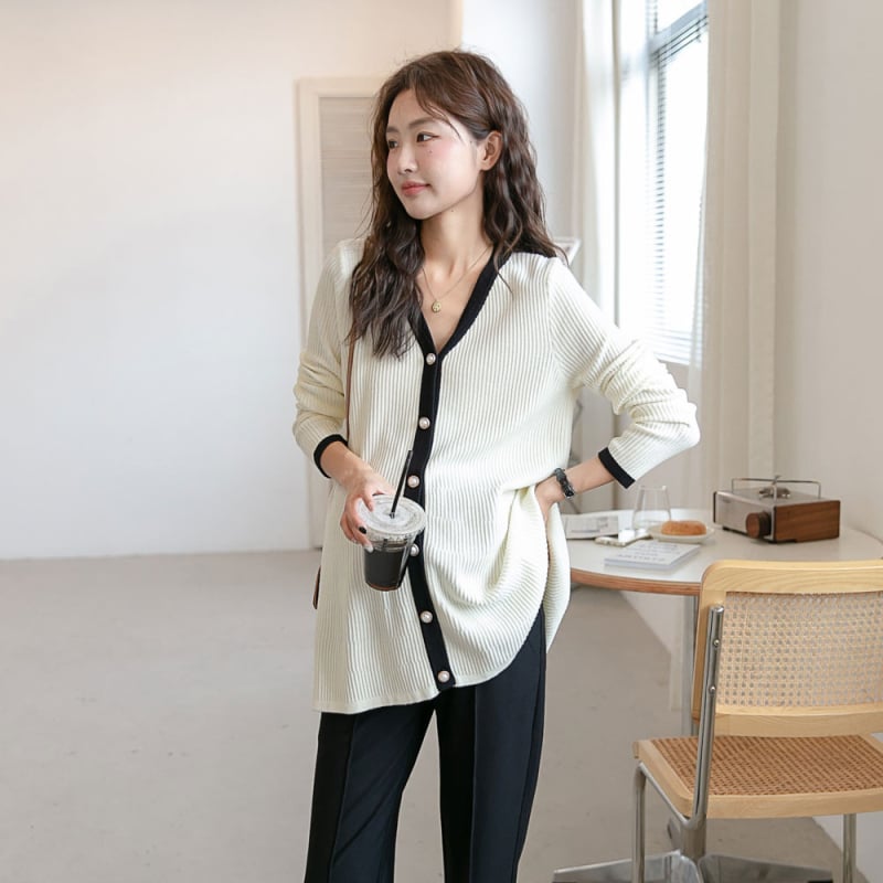 Nėščiųjų kardiganas, V kaklo iškirptė, ilgos rankovės, japoniško-koreietiško laisvalaikio stilius, poliesteris 90–95%