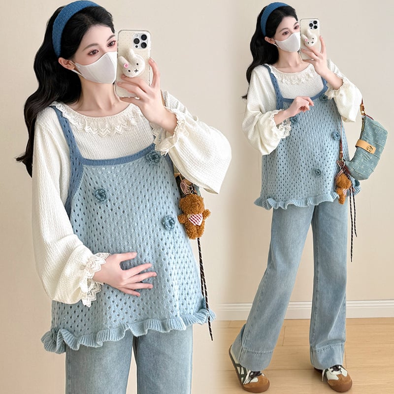 Dvoz-djelni set za trudnoću: top s dugim rukavom i crochet prslukom, 95% akril, svjež i sladak stil, proljeće i jesen