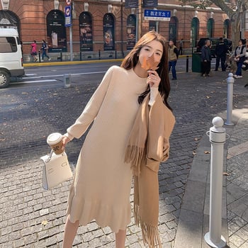 Rochie de alăptat postnatală, tricotată, în stil street, siluetă sirenă, guler rotund, mâneci lungi, lungime midi, toamna 2025