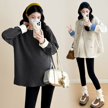 Miaoyifang nėštiesiems megztinis + pūkuota liemenė su gobtuvu, Korėjos gatvės stilius, laisvas kirpimas, ilgomis rankovėmis, apvalus kaklas, vidutinio ilgio, 2025 ruduo–žiema