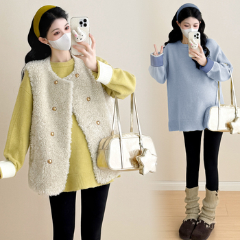 Miaoyifang nėštiesiems megztinis + pūkuota liemenė su gobtuvu, Korėjos gatvės stilius, laisvas kirpimas, ilgomis rankovėmis, apvalus kaklas, vidutinio ilgio, 2025 ruduo–žiema