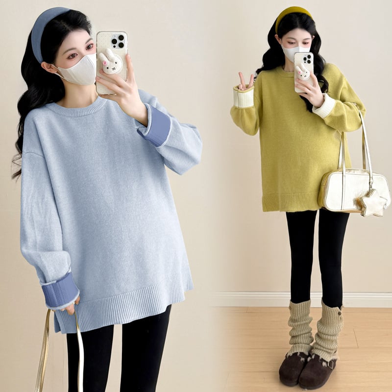 Miaoyifang nėštiesiems megztinis + pūkuota liemenė su gobtuvu, Korėjos gatvės stilius, laisvas kirpimas, ilgomis rankovėmis, apvalus kaklas, vidutinio ilgio, 2025 ruduo–žiema
