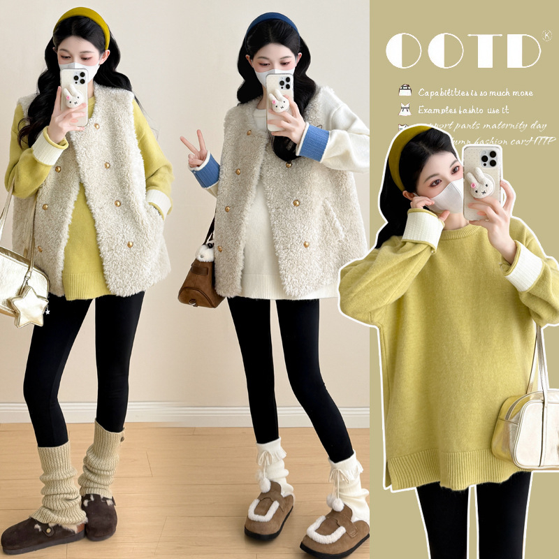 Miaoyifang nėštiesiems megztinis + pūkuota liemenė su gobtuvu, Korėjos gatvės stilius, laisvas kirpimas, ilgomis rankovėmis, apvalus kaklas, vidutinio ilgio, 2025 ruduo–žiema