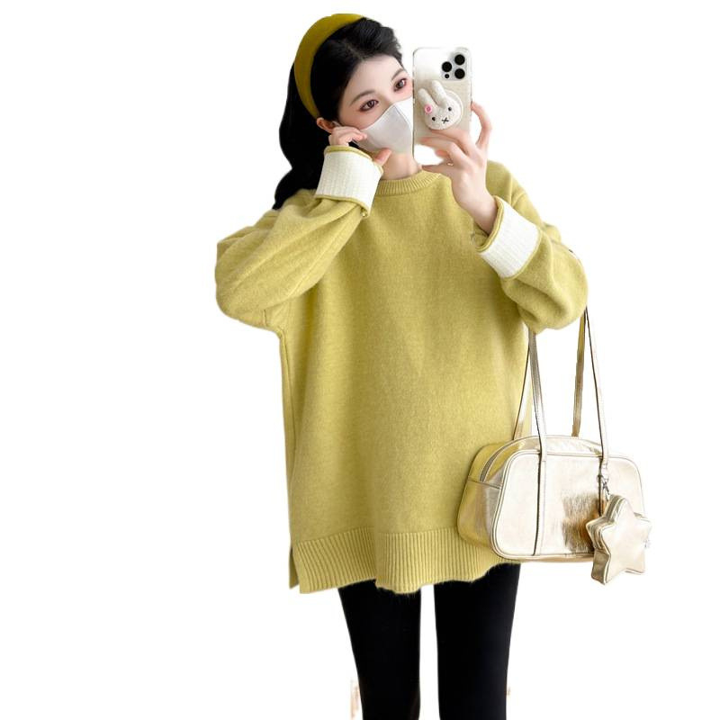 Miaoyifang nėštiesiems megztinis + pūkuota liemenė su gobtuvu, Korėjos gatvės stilius, laisvas kirpimas, ilgomis rankovėmis, apvalus kaklas, vidutinio ilgio, 2025 ruduo–žiema