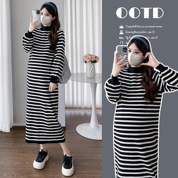 Φόρεμα εγκύων για φθινοπωρινό-χειμερινό, μακριά μανίκια, πλεκτό ύφασμα, σιλουέτα γοργόνας, μακριά φούστα