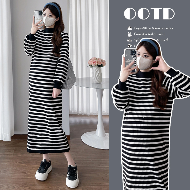 Φόρεμα εγκύων για φθινοπωρινό-χειμερινό, μακριά μανίκια, πλεκτό ύφασμα, σιλουέτα γοργόνας, μακριά φούστα