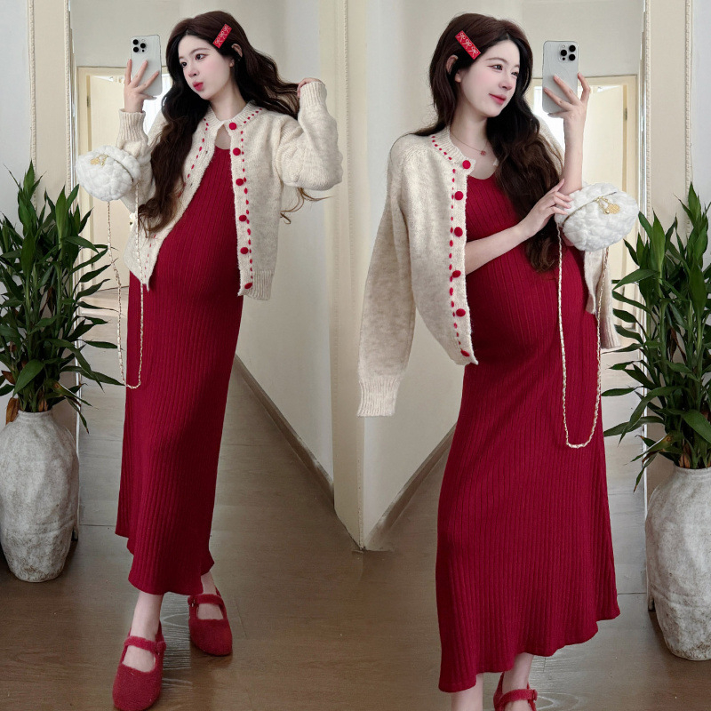 Costum de maternitate tricotat, din două piese, fustă, mâneci lungi, model contrastant