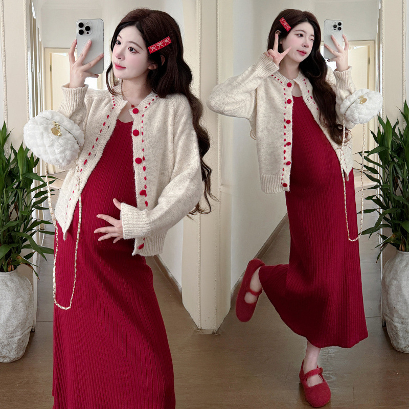 Costum de maternitate tricotat, din două piese, fustă, mâneci lungi, model contrastant