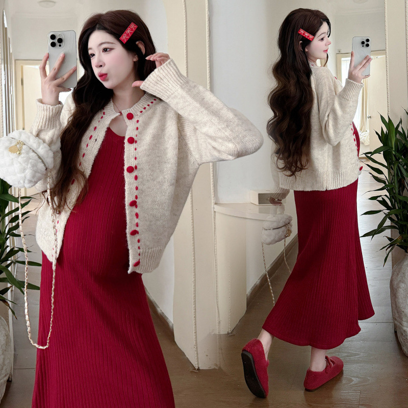 Costum de maternitate tricotat, din două piese, fustă, mâneci lungi, model contrastant