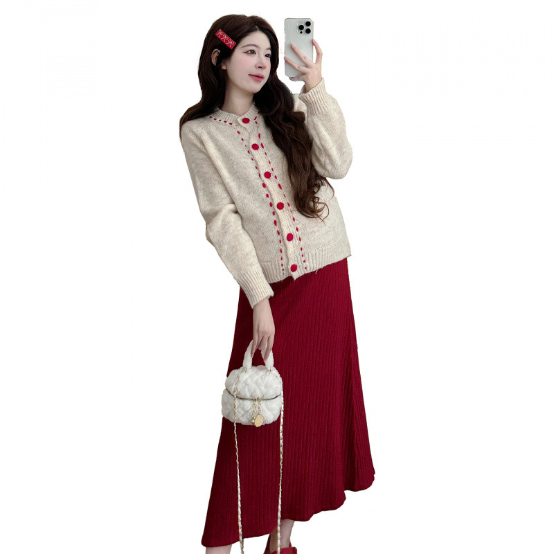 Costum de maternitate tricotat, din două piese, fustă, mâneci lungi, model contrastant