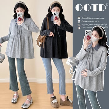 Nėščiosios palaidinė maitinti – rudens-žiema megztas, ilgos rankovės, korėjietiško stiliaus su gobtuvu, A linijos siluetas, vientisas