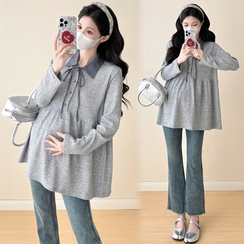 Nėščiosios palaidinė maitinti – rudens-žiema megztas, ilgos rankovės, korėjietiško stiliaus su gobtuvu, A linijos siluetas, vientisas