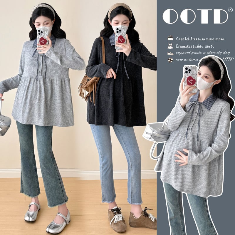 Nėščiosios palaidinė maitinti – rudens-žiema megztas, ilgos rankovės, korėjietiško stiliaus su gobtuvu, A linijos siluetas, vientisas